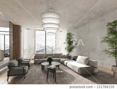 Modern living room with mountain view and layered pendant 131768150
