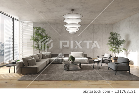 Bright minimalist living room with mountain view 131768151