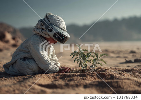 A concept for saving the Earth and carbon emissions. A child wearing virtual reality goggles saves a tree sapling in the middle of the desert. 131768334