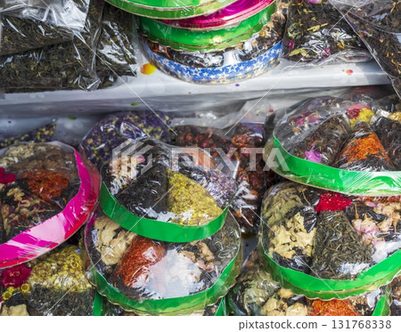 Shot of the different types of tea, spices on the farmers shop stall Shot of the different types of tea, spices on the farmers shop stall 131768338