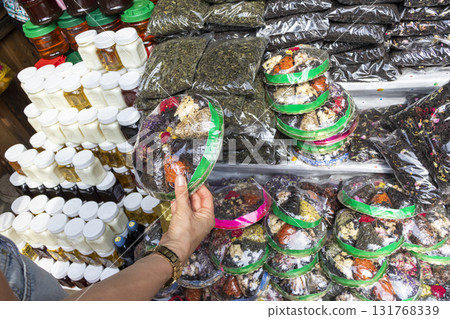 Shot of the different types of tea, spices on the farmers shop stall 131768339