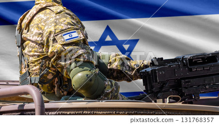Israel flag with soldier at machinegun turret Israel flag with soldier at machinegun turret 131768357