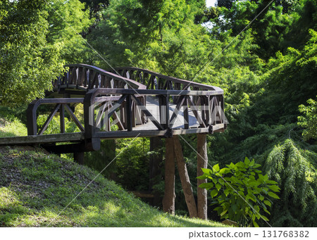 Wooden bridge passage in the woods. 131768382