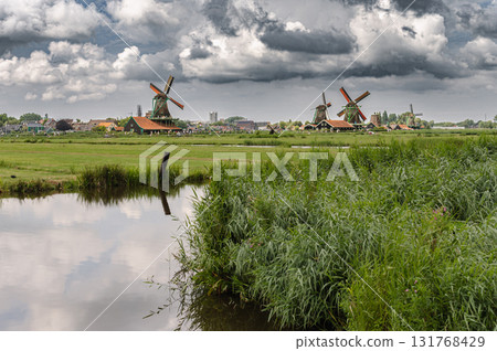 Scenic view of traditional Dutch windmills in Zaandam with changing skies, from calm daylight to approaching rain. 131768429