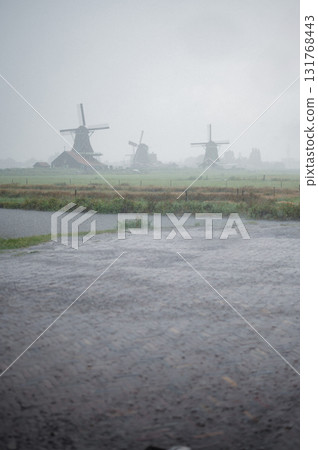 Scenic view of traditional Dutch windmills in Zaandam with changing skies, from calm daylight to approaching rain. 131768443