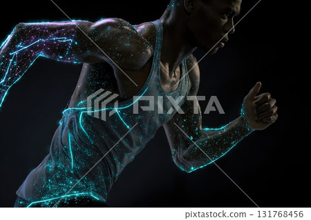 A cropped view of a handsome young black athlete with digital body projections under neon lighting. Web banner for a digital sports concept. 131768456