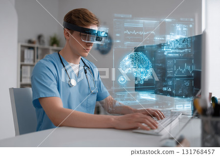 A young doctor works at a desk wearing virtual reality goggles with holographic projection. Artificial intelligence in medicine. 131768457