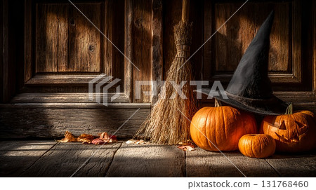 Cozy Halloween Scene with Glowing Jack-o’-Lantern Wearing Witch Hat on Rustic Doorstep 131768460