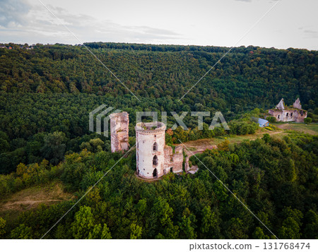 View of the ruins of the ancient Chervonohorod castle, near the town of Zalishchyky, Ternopil province, Ukraine. High quality photo 131768474