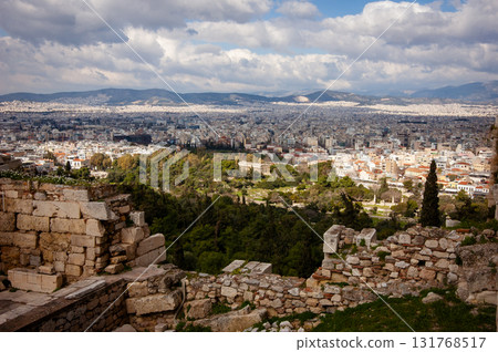 A view of the ruins at the Ancient Agora of Athens site, with the Temple of Hephaestus at the far side of the archeological site. High quality photo A view of the ruins at the Ancient Agora of Athens site, with the Temple of Hephaestus at the far side of the archeological site. High quality photo 131768517