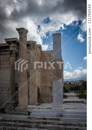 A view of the ruins at the Ancient Agora of Athens site, with the Temple of Hephaestus at the far side of the archeological site. High quality photo A view of the ruins at the Ancient Agora of Athens site, with the Temple of Hephaestus at the far side of the archeological site. High quality photo 131768544