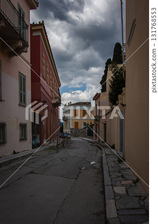 Plaka, Historical neighborhood in Athens, Greece. Residential Homes in a colorful street. 131768553