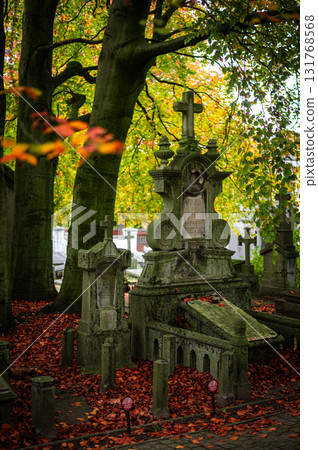 Ghent, Belgium - November 16 2024. Ancient cemetery tombs and grave stones on Campo Santo historical old graveyard in Sint-amandsberg municipality Ghent, Belgium - November 16 2024. Ancient cemetery tombs and grave stones on Campo Santo historical old graveyard in Sint-amandsberg municipality 131768568