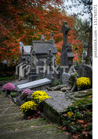 Ghent, Belgium - November 16 2024. Ancient cemetery tombs and grave stones on Campo Santo historical old graveyard in Sint-amandsberg municipality 131768571