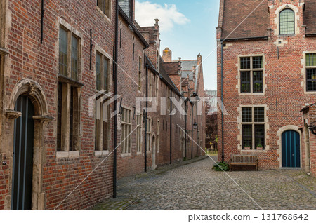 Leuven, Belgium - April 26, 2025: Historic quarter of Leuven with cobbled streets, medieval houses, and serene canals, UNESCO World Heritage Site. 131768642