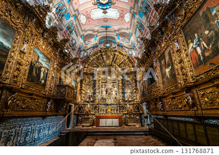 Lagos, Portugal - Feb 22, 2025: Interior of Church of St Anthony, Igreja de Santo Antonio in Lagos, Algarve, Portugal Lagos, Portugal - Feb 22, 2025: Interior of Church of St Anthony, Igreja de Santo Antonio in Lagos, Algarve, Portugal 131768871