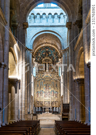 Coimbra , Portugal - Mar 14, 2025: Interior of the Old Cathedral of Coimbra, Se Velha at Coimbra, Portugal. Coimbra , Portugal - Mar 14, 2025: Interior of the Old Cathedral of Coimbra, Se Velha at Coimbra, Portugal. 131768901