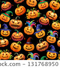 Halloween pumpkins pattern. Vector seamless Halloween horror night and trick or treat party seamless background of pumpkin lantern with skull monster fire eyes and evil face carving, illustration 131768950
