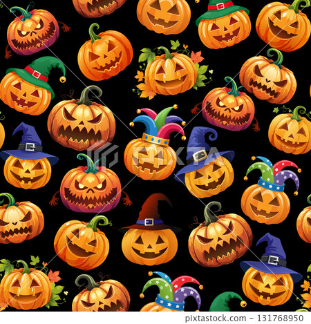 Halloween pumpkins pattern. Vector seamless Halloween horror night and trick or treat party seamless background of pumpkin lantern with skull monster fire eyes and evil face carving, illustration Halloween pumpkins pattern. Vector seamless Halloween horror night and trick or treat party seamless background of pumpkin lantern with skull monster fire eyes and evil face carving, illustration 131768950