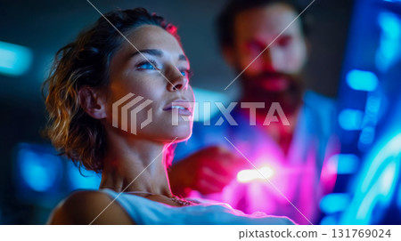 Woman lying in a hospital bed under soft neon light while being examined by a doctor 131769024