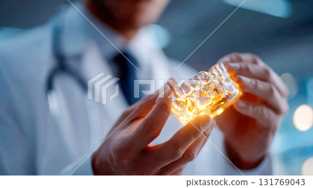 Medical professional holding a luminous transparent jaw model for dental study 131769043