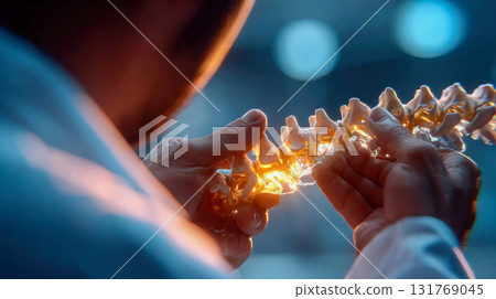 Doctor examining a detailed model of the human spine under warm lighting 131769045