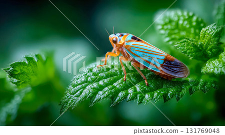 Vibrant green and orange leafhopper insect resting on a dew-covered leaf Vibrant green and orange leafhopper insect resting on a dew-covered leaf 131769048