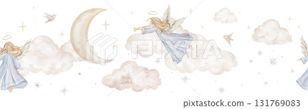 Horizontal seamless border with Christmas composition with angel trumpets nimbus among the clouds moon. Watercolor illustration Christian Nativity angel birds and stars for religious invitation. 131769083