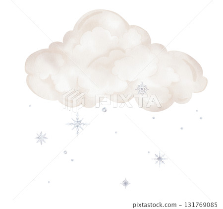 Christmas composition cloud with light blue snowflakes. Watercolor illustration isolated on background for religious baptism invitation. Christmas composition cloud with light blue snowflakes. Watercolor illustration isolated on background for religious baptism invitation. 131769085