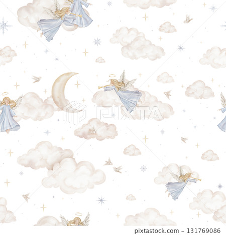 Seamless pattern with cute Christmas angel trumpets with light hair and blue dress. Hand drawn illustration repeat ornament with snowflakes children's design and beige birds among the clouds moon. 131769086