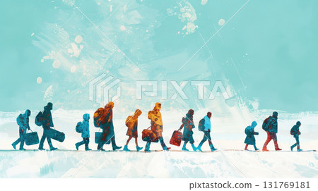 watercolor illustration, International Migrants Day, vintage postcard, horizontal banner, copy space, free space for text 131769181