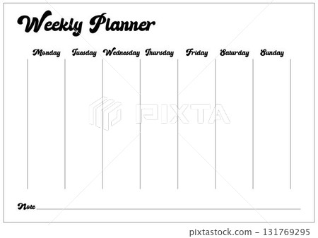 Weekly planner for organized production schedule, clean and simple task list document. 131769295