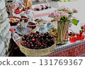 Juicy cherries on a golden tray, a symbol of abundance. Clean and healthy vegetarian food. 131769367