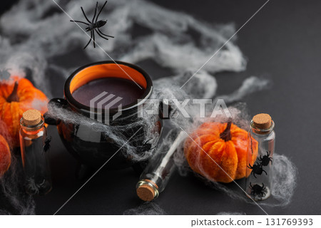 Halloween Cauldron with Pumpkins, Spiders and Cobwebs 131769393