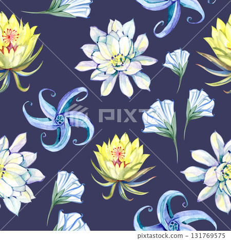 Watercolor vintage seamless pattern with night moon flowers, hand painted illustration Watercolor vintage seamless pattern with night moon flowers, hand painted illustration 131769575