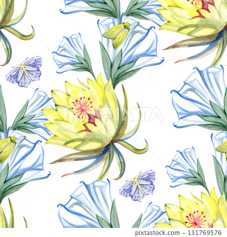 Watercolor vintage seamless pattern with night moon flowers, hand painted illustration 131769576