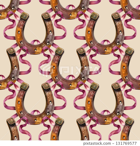 Seamless pattern with horseshoes and satin ribbons. Watercolor illustration for New Year, St. Patrick's Day. Template for invitation, scrapbook, card. 131769577
