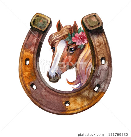 Watercolor hand draw illustration horse portrait in brown horseshoe. 131769580