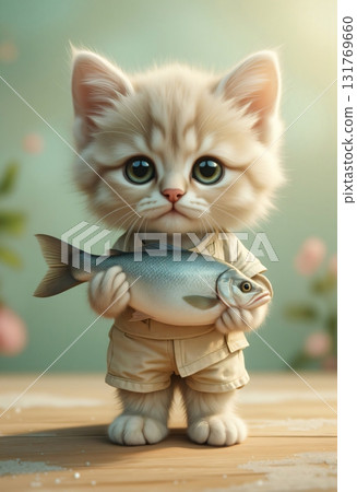 Cute kitten in suit holding big fish Cute kitten in suit holding big fish 131769660