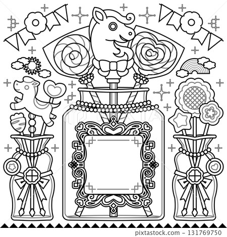 Year of the Horse illustration for children "Cute Lollipop Candy & Chocolate Coloring Line Art" Square 131769750