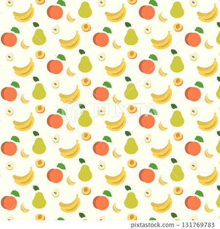 A vibrant pattern showcases various fruit icons including bananas, pears, and apples on a light background. This design is perfect for brightening kitchens or fruit-related projects. 131769783