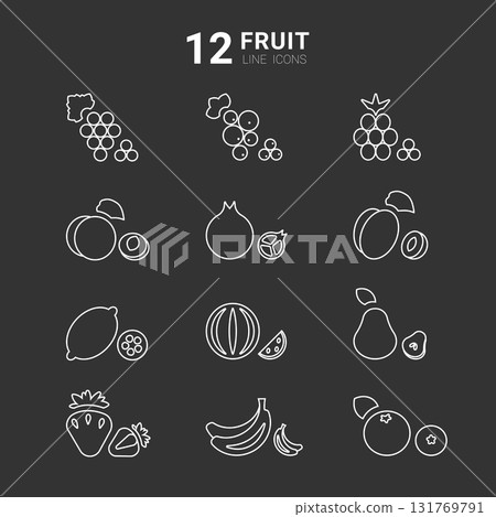 This collection features twelve unique line icons representing different fruits, including grapes, watermelon, and lemons. Ideal for use in illustrations, websites, or graphic design projects. 131769791