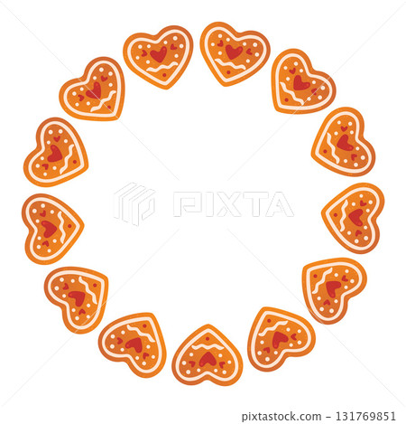 Round Christmas frame made of gingerbread heart shape. trendy flat style. Round Christmas frame made of gingerbread heart shape. trendy flat style. 131769851