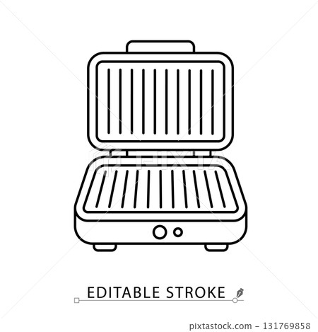 An electric grill icon in minimalist style with editable stroke. Kitchen appliance, cooking equipment, household device, modern technology, domestic utility, electric machine 131769858