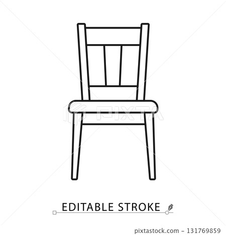 A chair icon in minimalist style with editable stroke. Furniture symbol, seating element, interior object, home decor concept, household pictogram, dining chair design, traditional graphic. 131769859