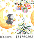 Seamless pattern of the moon, fir tree and hedgehog decorate the sky by stars. Watercolor illustration. For fabric, wallpaper, packing paper, greeting cards, design, decoration and illustration. 131769868