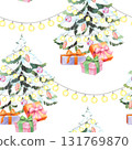 Seamless pattern of christmas tree, garland and gifts. For fabric, wallpaper, packing paper, greeting cards, design, decoration and illustration. 131769870