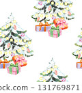 Seamless pattern of christmas tree and gifts. For fabric, wallpaper, packing paper, greeting cards, design, decoration and illustration. 131769871