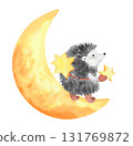 The moon and a hengehog with the stars. Watercolor illustration. For fabric, wallpaper, packing paper, greeting cards, design, decoration and illustration. 131769872