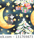 Seamless pattern of the moon, fir tree and hedgehog decorate the sky by stars. Watercolor illustration. For fabric, wallpaper, packing paper, greeting cards, design, decoration and illustration. 131769873